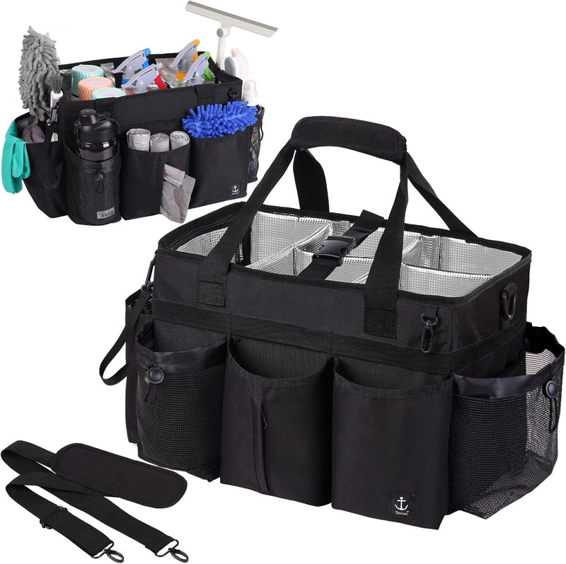 Timoxi Large Wearable Cleaning Caddy Bag with Detachable Divider, Cleaning Organizer with Handles, Cleaning Supply Tote with Adjustable Shoulder Strap&Waist Belt for Cleaners & Housekeeper (Black) - Image 1